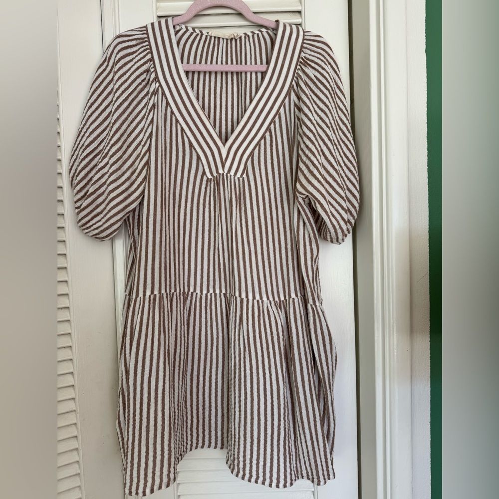 Millibon Brown White Striped V Neck Puff Sleeve Mini Dress M